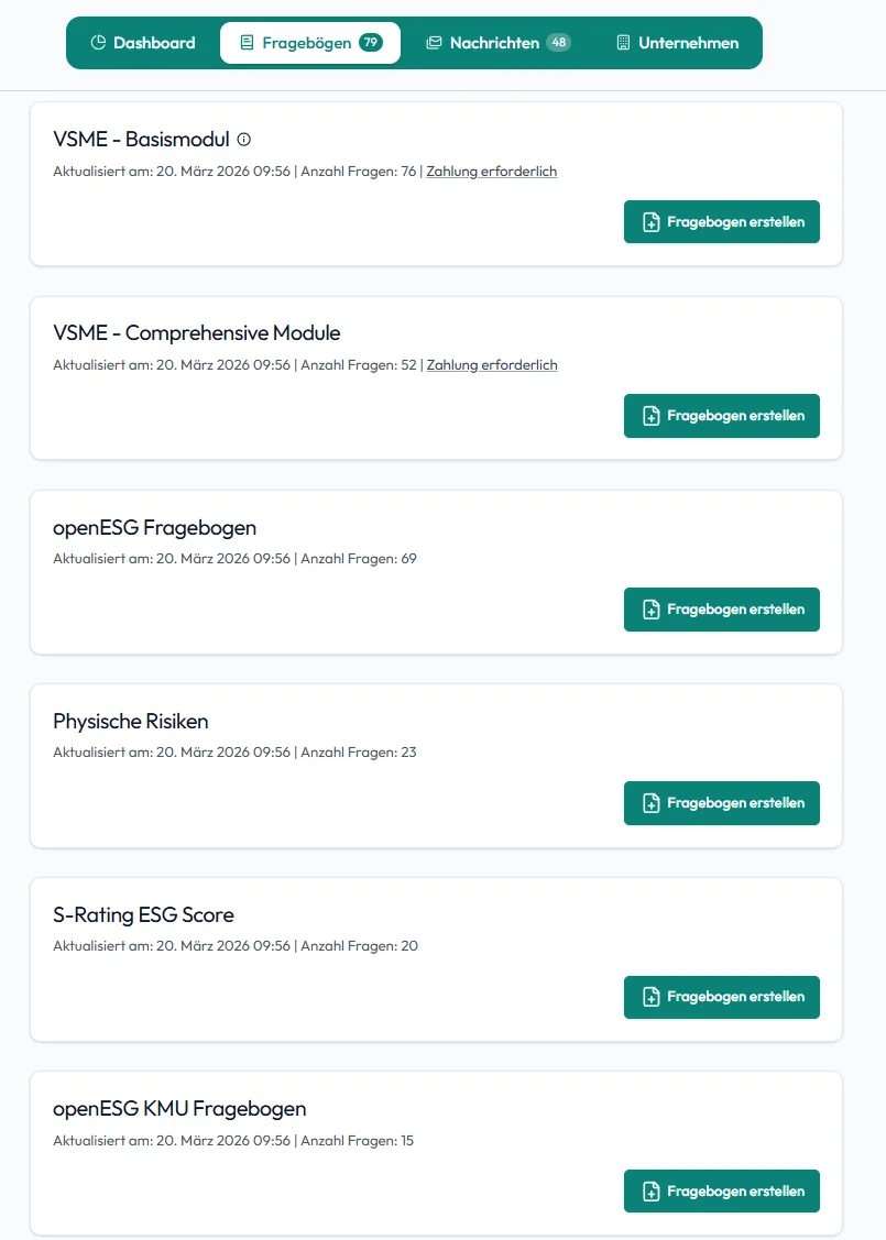 Flexible Fragebögen - Übersicht der openESG Fragebogen-Templates